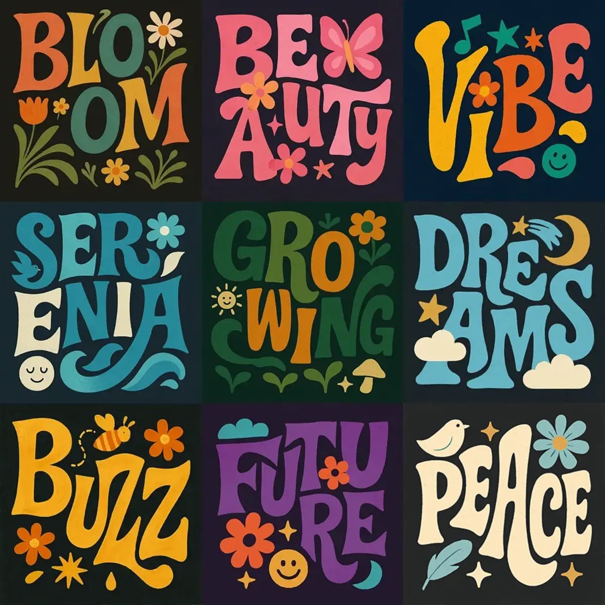 Example output from the Bold Hand-Lettered Word Art ChatGPT prompt: nine retro 70s-style word posters with vibrant flat colors, organic shapes, and playful illustrated accents.