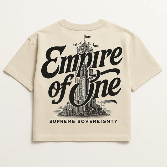 Example output from the Bold Lettered Tshirt Back Art ChatGPT prompt: oversized t-shirt graphics with bold phrases, featuring vintage-style lettering. Empire of one.