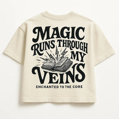 Example output from the Bold Lettered Tshirt Back Art ChatGPT prompt: oversized t-shirt graphics with bold phrases, featuring vintage-style lettering. Magic runs through my veins.