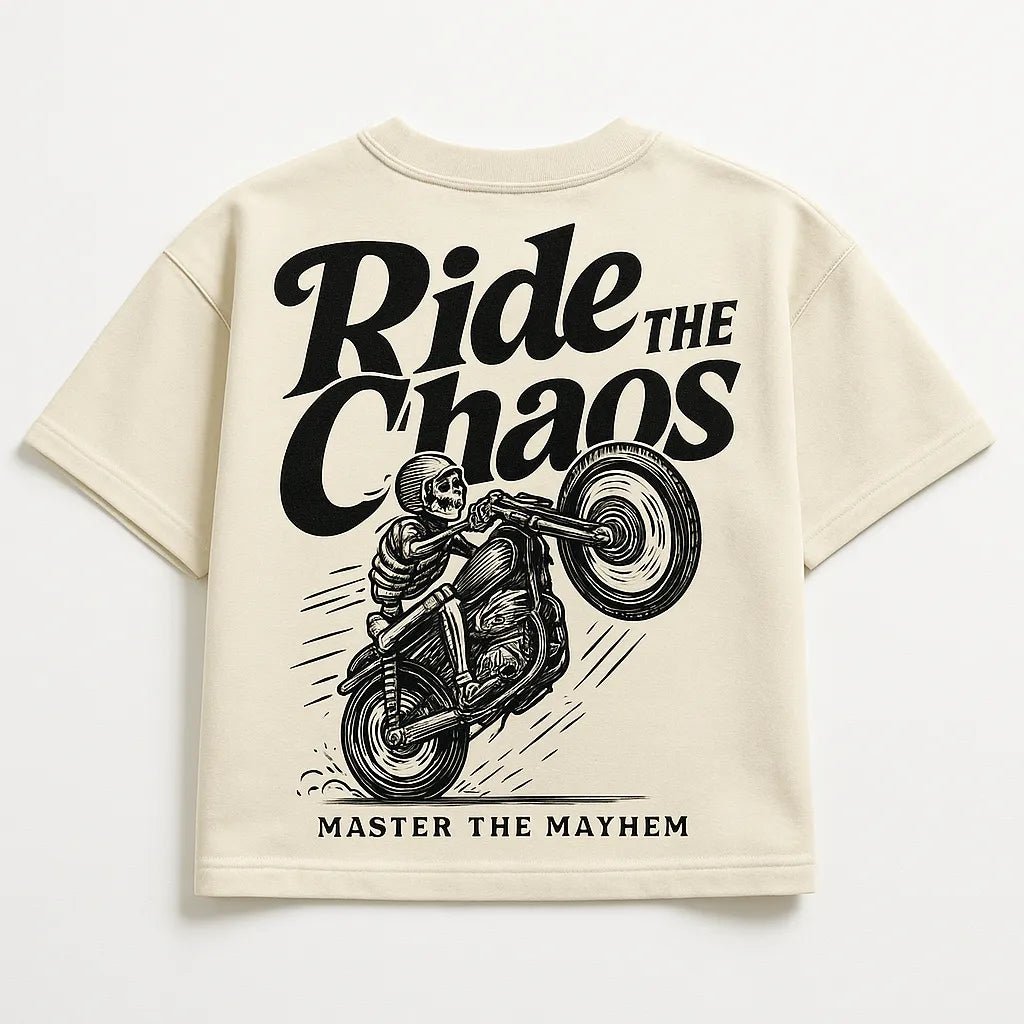 Example output from the Bold Lettered Tshirt Back Art ChatGPT prompt: oversized t-shirt graphics with bold phrases, featuring vintage-style lettering. Ride the chaos.