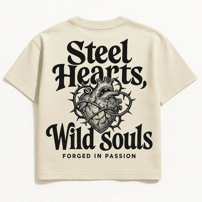Example output from the Bold Lettered Tshirt Back Art ChatGPT prompt: oversized t-shirt graphics with bold phrases, featuring vintage-style lettering. Steel hearts wild souls.