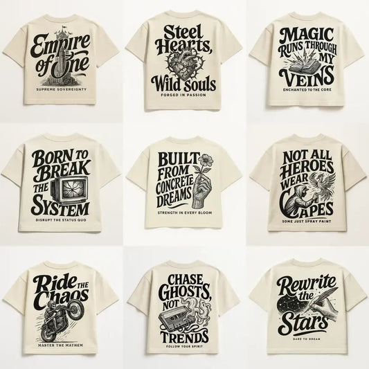 Example output from the Bold Lettered Tshirt Back Art ChatGPT prompt: oversized t-shirt graphics with bold phrases, featuring vintage-style lettering, boxy silhouettes, realistic retail lighting, and print-ready back designs.