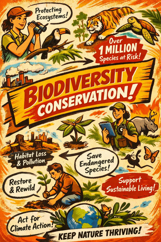 Example output from the Bold Magazine Infographic Design ChatGPT prompt: a bold magazine-style infographic titled 'Biodiversity Conservation' with hand-drawn characters, a banner headline and illustrated facts on a warm textured background.