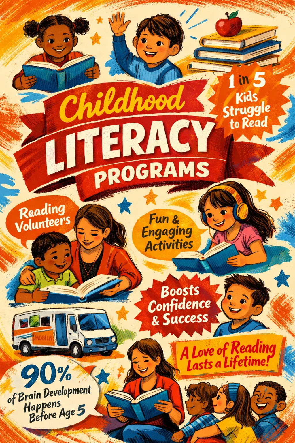 Example output from the Bold Magazine Infographic Design ChatGPT prompt: a bold magazine-style infographic titled 'Childhood Literacy Programs' with hand-drawn characters, a banner headline and illustrated facts on a warm textured background.