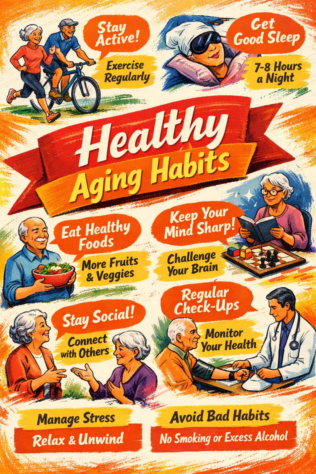 Example output from the Bold Magazine Infographic Design ChatGPT prompt: a bold magazine-style infographic titled 'Healthy Aging Habits' with hand-drawn characters, a banner headline and illustrated facts on a warm textured background.