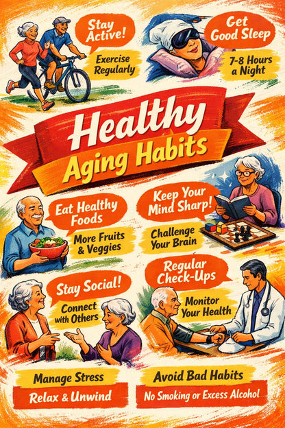Example output from the Bold Magazine Infographic Design ChatGPT prompt: a bold magazine-style infographic titled 'Healthy Aging Habits' with hand-drawn characters, a banner headline and illustrated facts on a warm textured background.