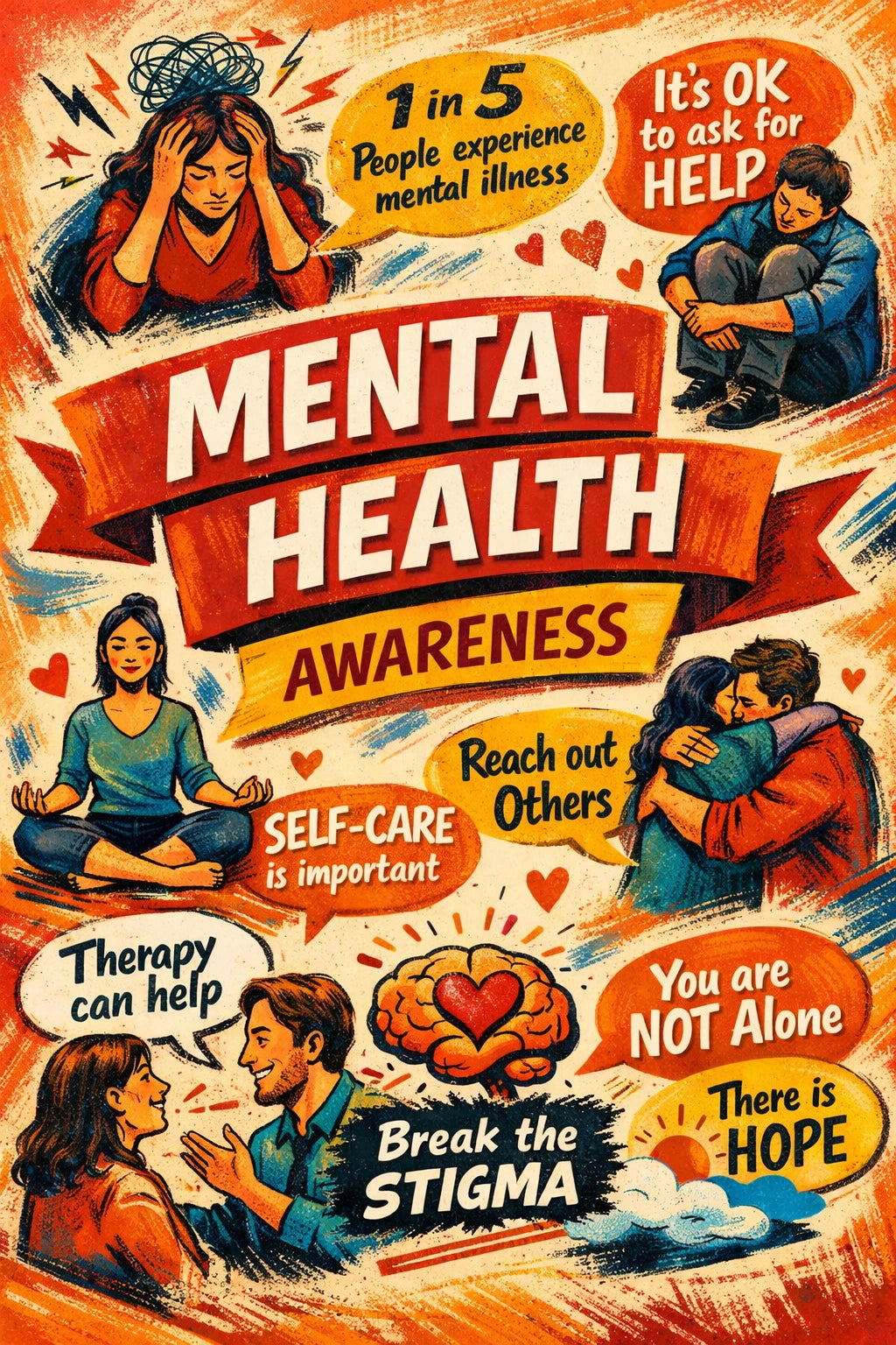 Example output from the Bold Magazine Infographic Design ChatGPT prompt: a bold magazine-style infographic titled 'Mental Health Awareness' with hand-drawn characters, a banner headline and illustrated facts on a warm textured background.