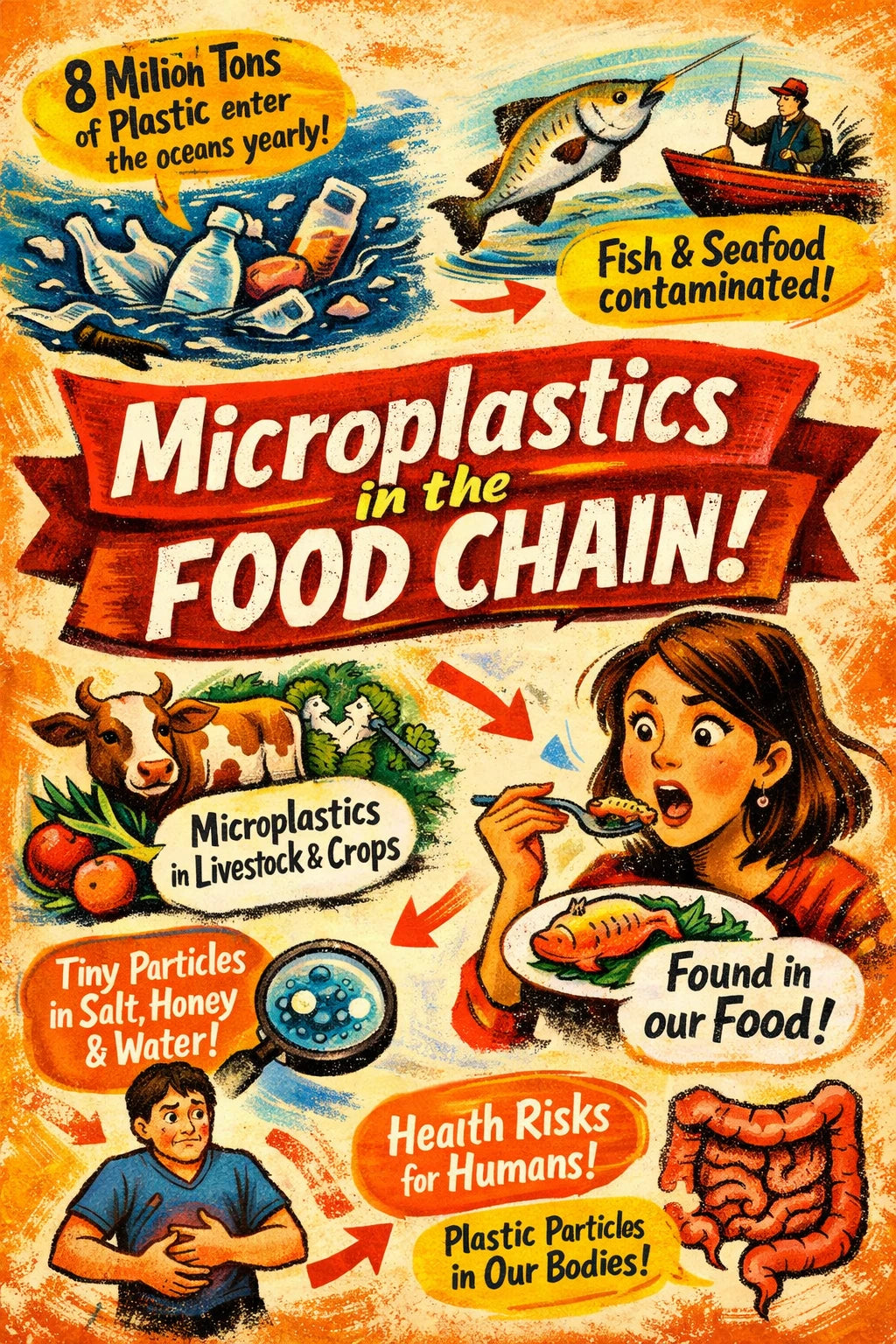 Example output from the Bold Magazine Infographic Design ChatGPT prompt: a bold magazine-style infographic titled 'Microplastics in the Food Chain' with hand-drawn characters, a banner headline and illustrated facts on a warm textured background.