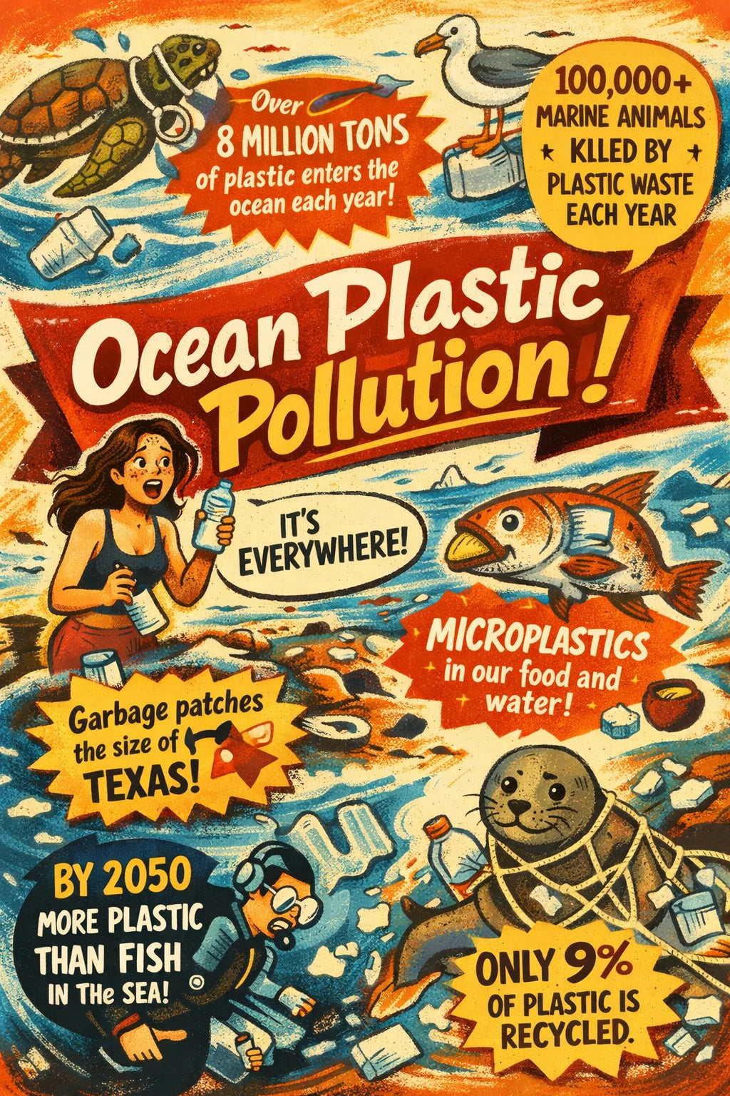 Example output from the Bold Magazine Infographic Design ChatGPT prompt: a bold magazine-style infographic titled 'Ocean Plastic Pollution' with hand-drawn characters, a banner headline and illustrated facts on a warm textured background.