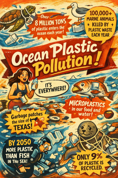 Example output from the Bold Magazine Infographic Design ChatGPT prompt: a bold magazine-style infographic titled 'Ocean Plastic Pollution' with hand-drawn characters, a banner headline and illustrated facts on a warm textured background.