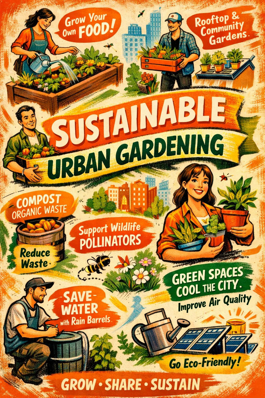 Example output from the Bold Magazine Infographic Design ChatGPT prompt: a bold magazine-style infographic titled 'Sustainable Urban Gardening' with hand-drawn characters, a banner headline and illustrated facts on a warm textured background.