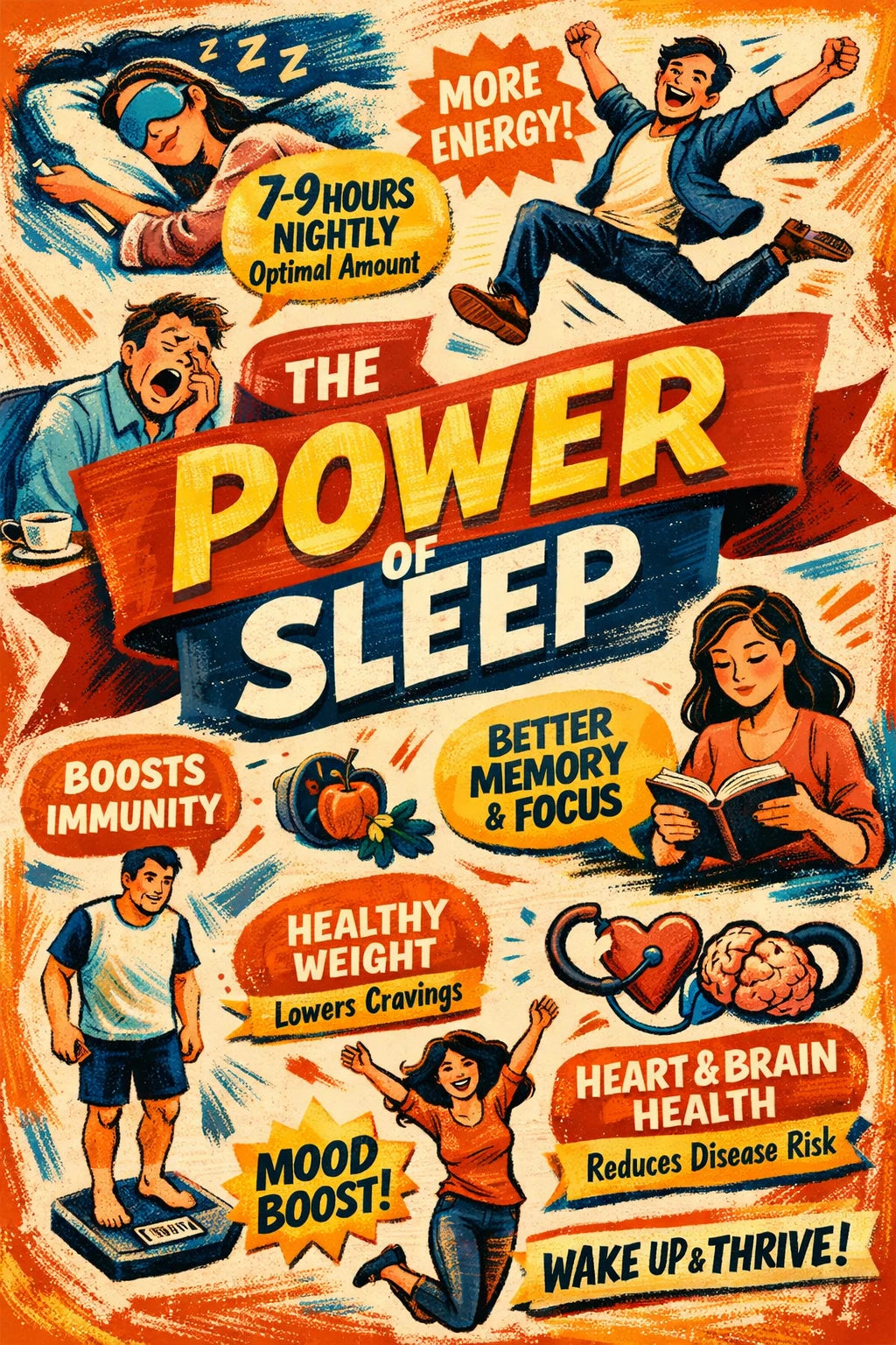 Example output from the Bold Magazine Infographic Design ChatGPT prompt: a bold magazine-style infographic titled 'The Power of Sleep' with hand-drawn characters, a banner headline and illustrated facts on a warm textured background.