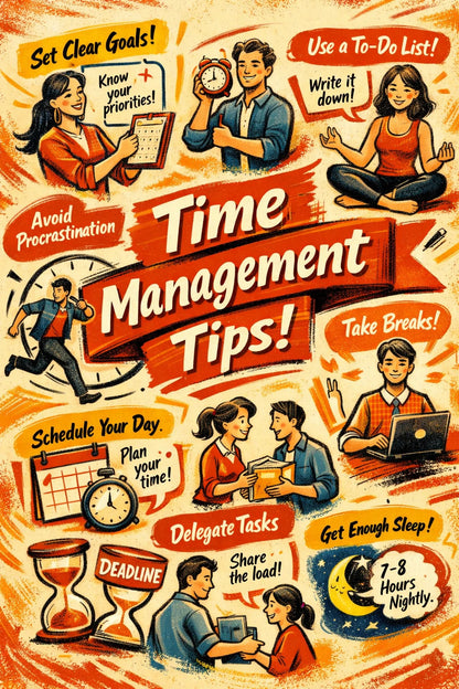 Example output from the Bold Magazine Infographic Design ChatGPT prompt: a bold magazine-style infographic titled 'Time Management Tips' with hand-drawn characters, a banner headline and illustrated facts on a warm textured background.