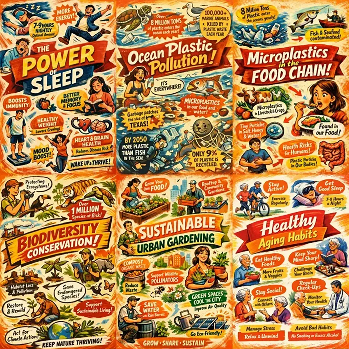 Example output from the Bold Magazine Infographic Design ChatGPT prompt: a grid of vibrant hand-illustrated magazine-style infographics with bold banner headlines, characters and illustrated facts on warm textured backgrounds — covering topics like The Power of Sleep, Ocean Plastic Pollution, Biodiversity Conservation and Healthy Aging Habits.
