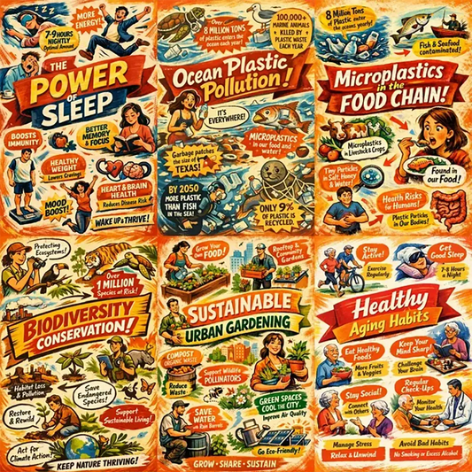 Example output from the Bold Magazine Infographic Design ChatGPT prompt: a grid of vibrant hand-illustrated magazine-style infographics with bold banner headlines, characters and illustrated facts on warm textured backgrounds — covering topics like The Power of Sleep, Ocean Plastic Pollution, Biodiversity Conservation and Healthy Aging Habits.