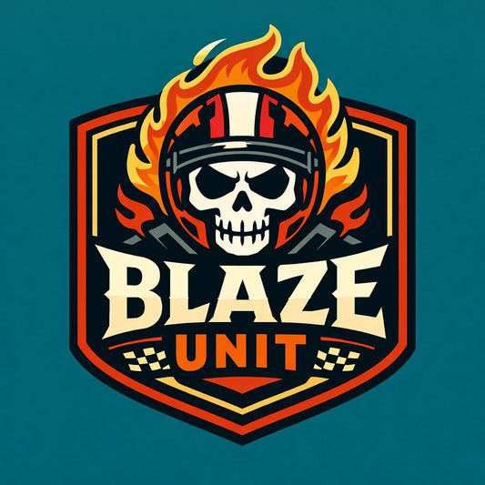 Example output from the Bold Mascot Emblem Logo ChatGPT prompt: a clean vector badge-style mascot logo for 'Blaze Unit' — a flaming skull in a helmet with bold typography on a dark shield.