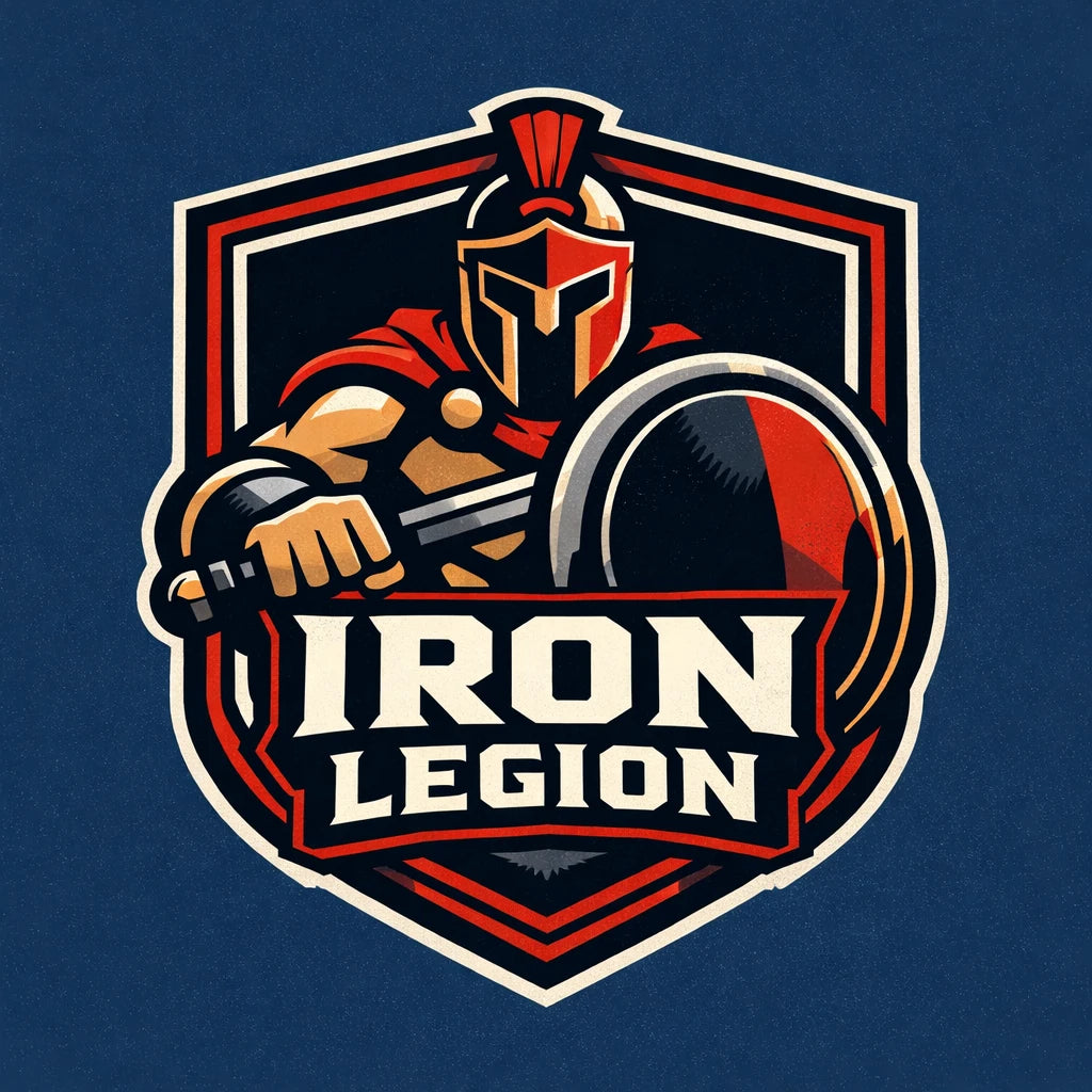 Example output from the Bold Mascot Emblem Logo ChatGPT prompt: a clean vector badge-style mascot logo for 'Iron Legion' — an armored spartan knight with sword and shield and bold typography.