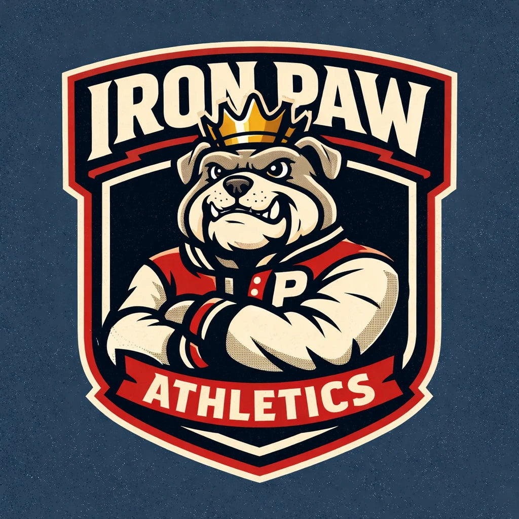 Example output from the Bold Mascot Emblem Logo ChatGPT prompt: a clean vector badge-style mascot logo for 'Iron Paw Athletics' — a muscular crowned bulldog with crossed arms and bold typography.
