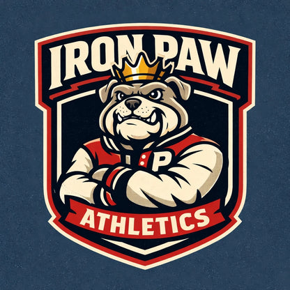 Example output from the Bold Mascot Emblem Logo ChatGPT prompt: a clean vector badge-style mascot logo for 'Iron Paw Athletics' — a muscular crowned bulldog with crossed arms and bold typography.