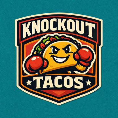 Example output from the Bold Mascot Emblem Logo ChatGPT prompt: a clean vector badge-style mascot logo for 'Knockout Tacos' — a grinning taco with boxing gloves and bold typography.