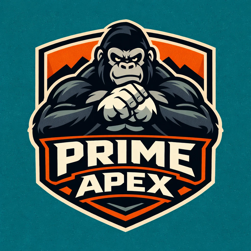 Example output from the Bold Mascot Emblem Logo ChatGPT prompt: a clean vector badge-style mascot logo for 'Prime Apex' — a muscular gorilla with crossed arms and bold typography.