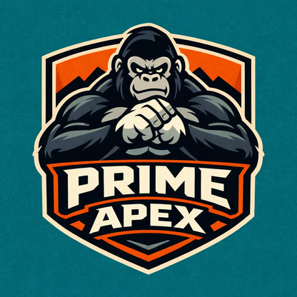Example output from the Bold Mascot Emblem Logo ChatGPT prompt: a clean vector badge-style mascot logo for 'Prime Apex' — a muscular gorilla with crossed arms and bold typography.
