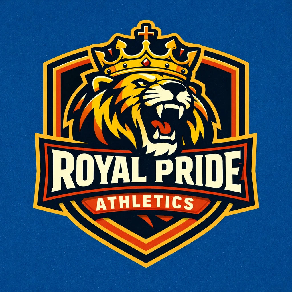 Example output from the Bold Mascot Emblem Logo ChatGPT prompt: a clean vector badge-style mascot logo for 'Royal Pride Athletics' — a roaring crowned lion with bold typography.