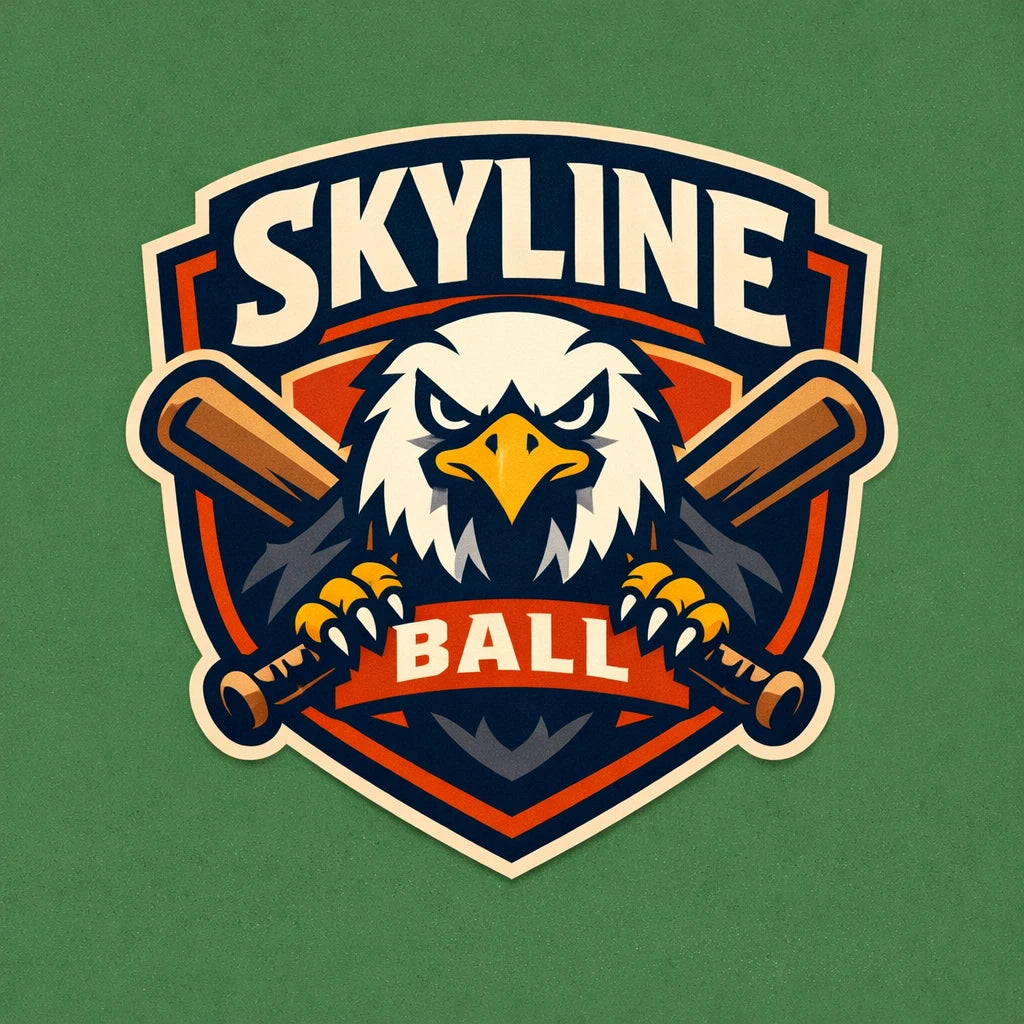 Example output from the Bold Mascot Emblem Logo ChatGPT prompt: a clean vector badge-style mascot logo for 'Skyline Ball' — a fierce eagle with crossed baseball bats and bold typography.