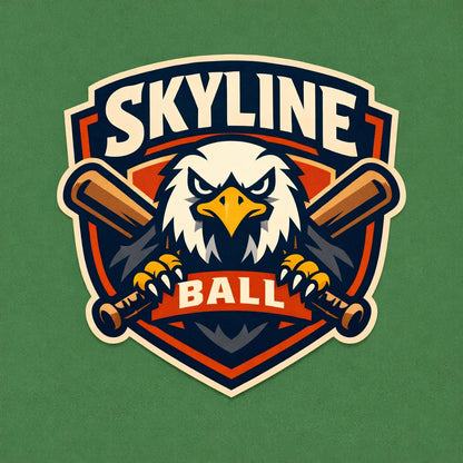 Example output from the Bold Mascot Emblem Logo ChatGPT prompt: a clean vector badge-style mascot logo for 'Skyline Ball' — a fierce eagle with crossed baseball bats and bold typography.