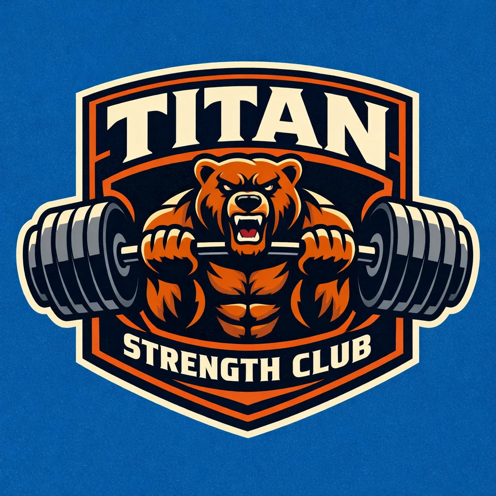Example output from the Bold Mascot Emblem Logo ChatGPT prompt: a clean vector badge-style mascot logo for 'Titan Strength Club' — a roaring bear lifting a barbell with bold typography.