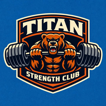Example output from the Bold Mascot Emblem Logo ChatGPT prompt: a clean vector badge-style mascot logo for 'Titan Strength Club' — a roaring bear lifting a barbell with bold typography.
