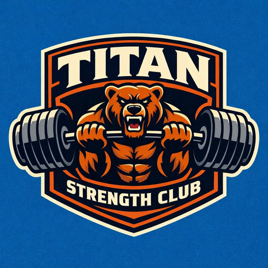 Example output from the Bold Mascot Emblem Logo ChatGPT prompt: a clean vector badge-style mascot logo for 'Titan Strength Club' — a roaring bear lifting a barbell with bold typography.