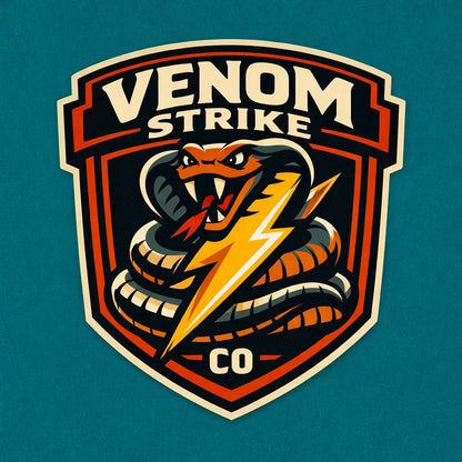 Example output from the Bold Mascot Emblem Logo ChatGPT prompt: a clean vector badge-style mascot logo for 'Venom Strike' — a striking cobra with a lightning bolt and bold typography.