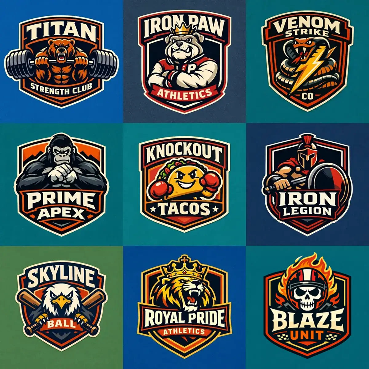 Example output from the Bold Mascot Emblem Logo ChatGPT prompt: a grid of clean vector badge-style mascot logos with bold typography — a weightlifting bear, crowned bulldog, cobra, gorilla, boxing taco, spartan knight, eagle, crowned lion and flaming skull — each on a solid color background.