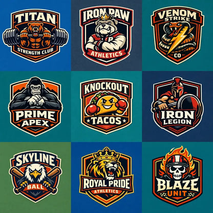 Example output from the Bold Mascot Emblem Logo ChatGPT prompt: a grid of clean vector badge-style mascot logos with bold typography — a weightlifting bear, crowned bulldog, cobra, gorilla, boxing taco, spartan knight, eagle, crowned lion and flaming skull — each on a solid color background.