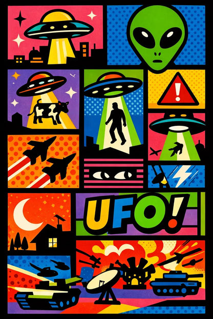 Example output from the Bold Modular Poster Collage ChatGPT prompt: Alien Invasion