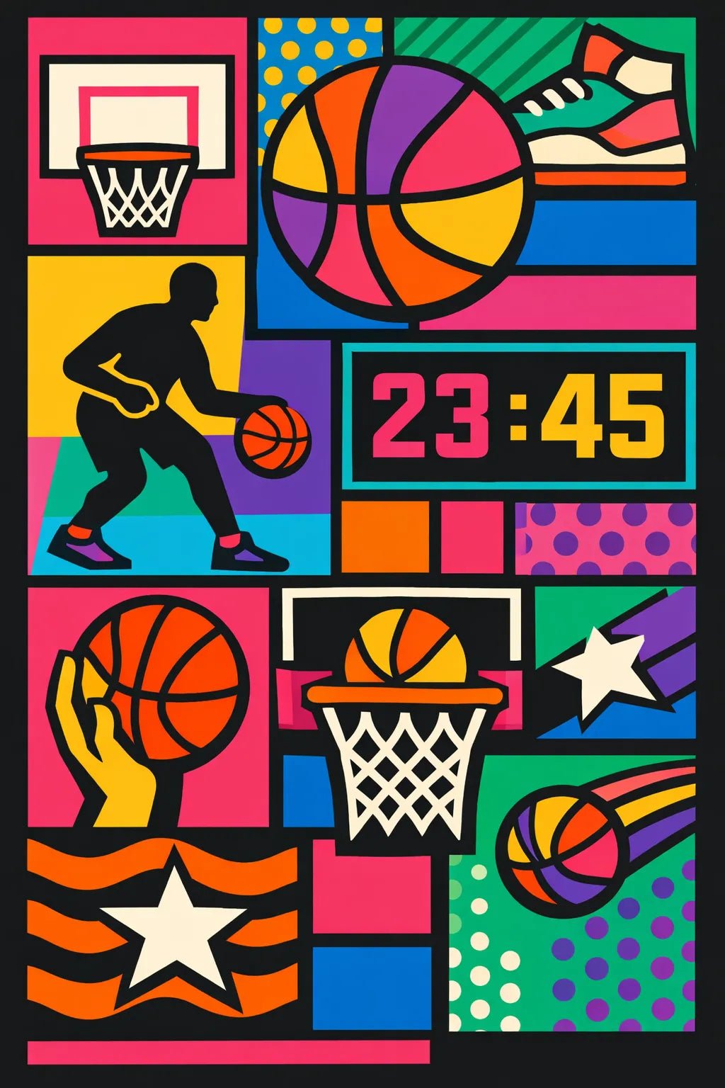 Example output from the Bold Modular Poster Collage ChatGPT prompt: Basketball