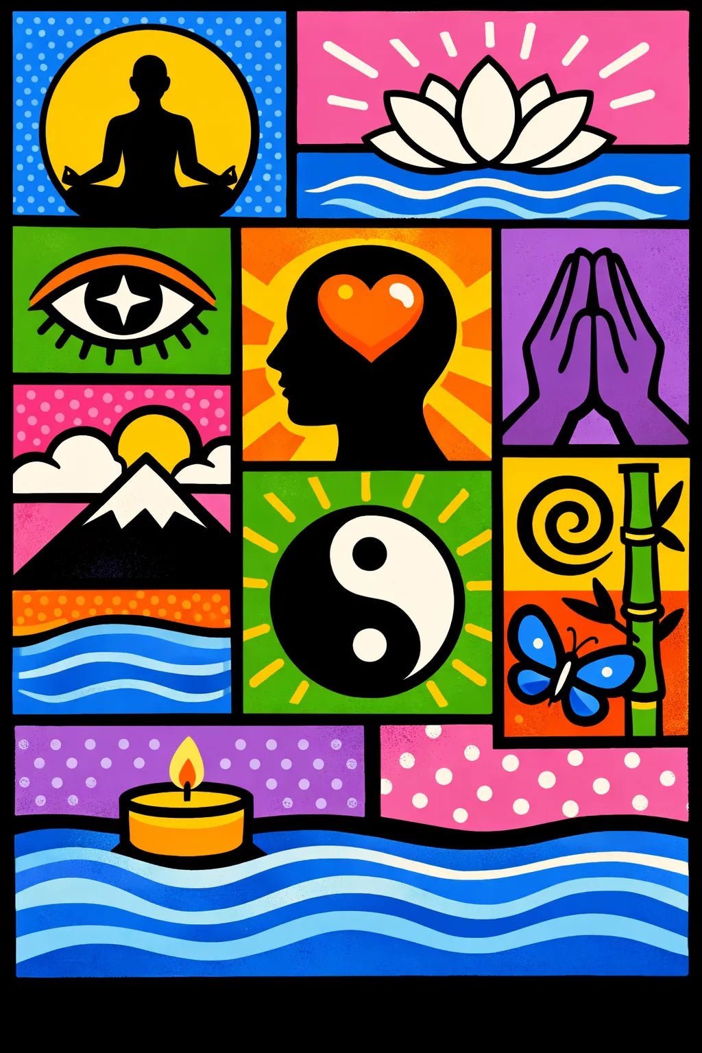 Example output from the Bold Modular Poster Collage ChatGPT prompt: Mindfulness 