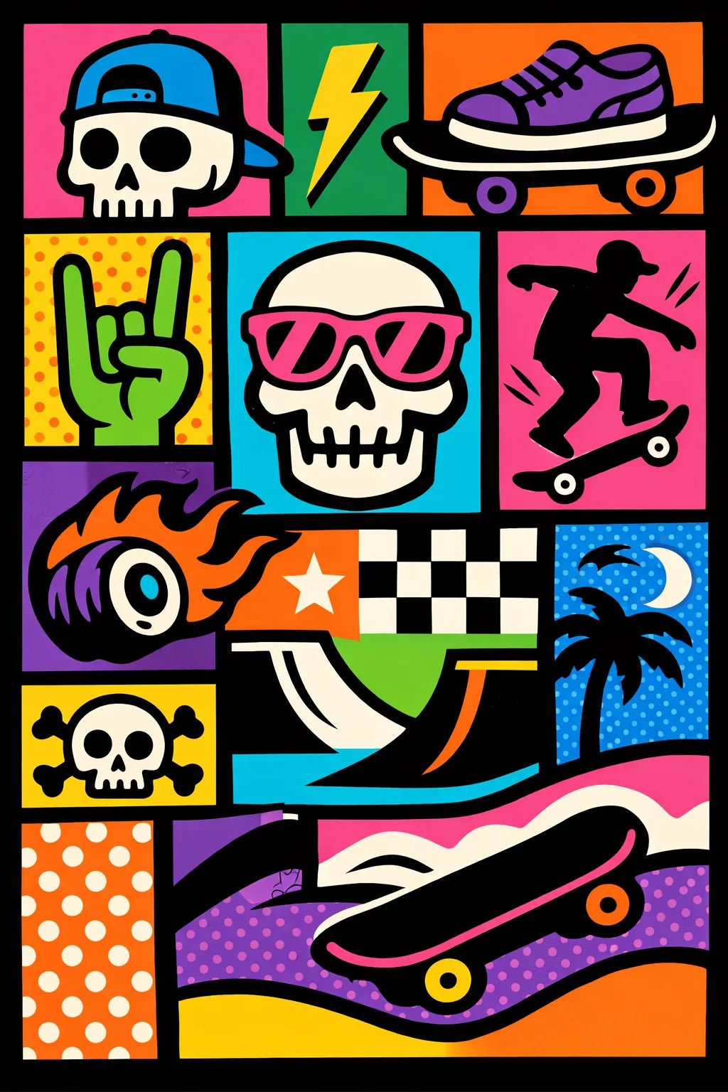 Example output from the Bold Modular Poster Collage ChatGPT prompt: Skull Skaters