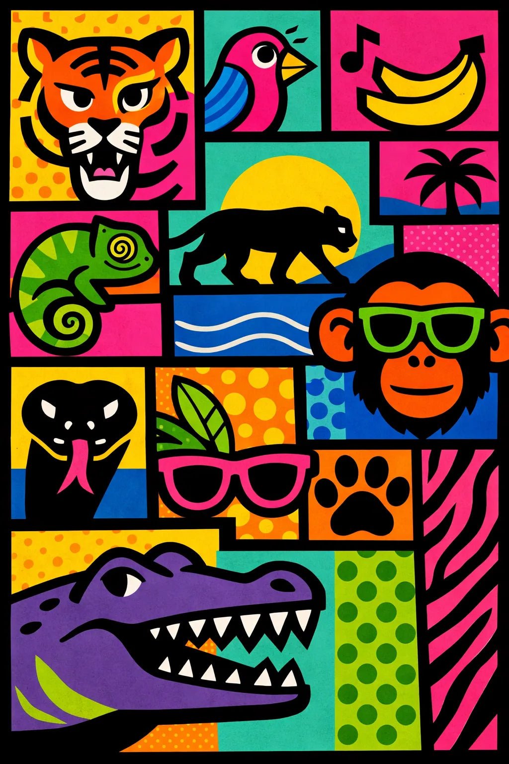 Example output from the Bold Modular Poster Collage ChatGPT prompt: Wild Animals