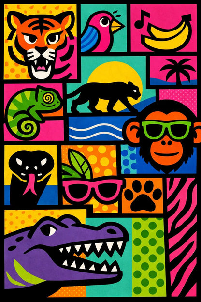 Example output from the Bold Modular Poster Collage ChatGPT prompt: Wild Animals
