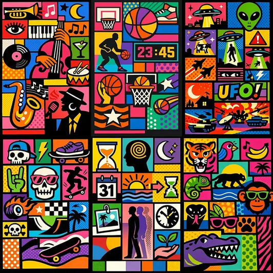 Example output from the Bold Modular Poster Collage ChatGPT prompt: a vibrant grid-based poster composed of colorful modular panels featuring icons, symbols, and graphic illustrations arranged in a bold, high-contrast modern layout.