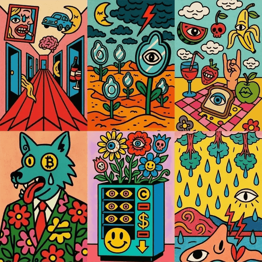 Example output from the Bold Popsurreal Illustrations ChatGPT prompt: vibrant surreal artwork with pop-art flair, featuring symbolic characters, detailed linework, bold colors, and stylized vertical compositions.
