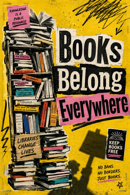Example output from the Bold Ransom Style Activist Posters ChatGPT prompt: a books-themed protest poster in ransom-note collage style with torn paper lettering and recycled textures.