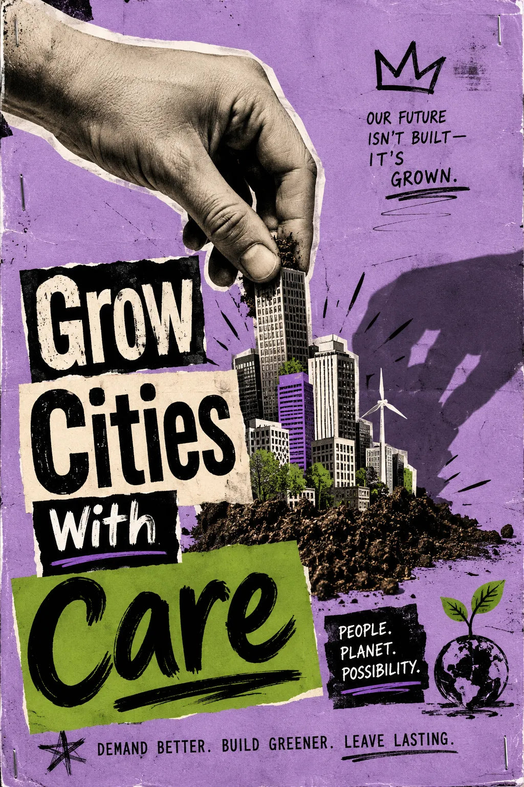 Example output from the Bold Ransom Style Activist Posters ChatGPT prompt: a purple protest poster reading Grow Cities With Care, with a hand placing a tower block into a collaged green skyline.