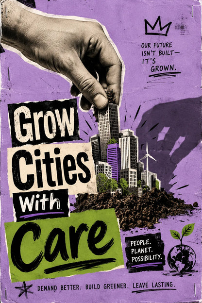 Example output from the Bold Ransom Style Activist Posters ChatGPT prompt: a purple protest poster reading Grow Cities With Care, with a hand placing a tower block into a collaged green skyline.
