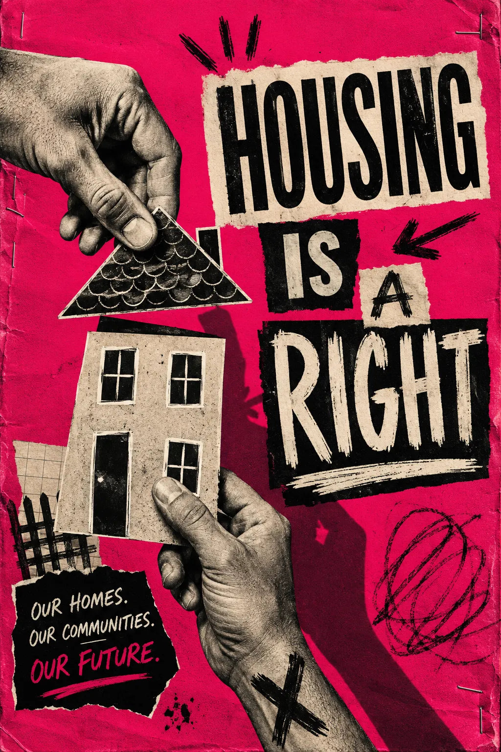 Example output from the Bold Ransom Style Activist Posters ChatGPT prompt: a protest poster reading Housing Is A Right, in ransom-note collage style with torn paper lettering and recycled textures.