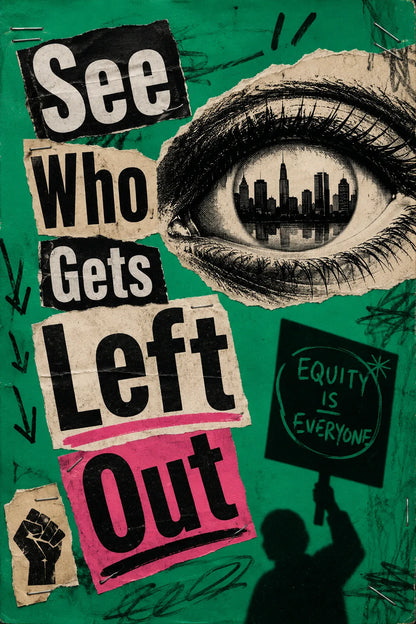 Example output from the Bold Ransom Style Activist Posters ChatGPT prompt: a green protest poster reading See Who Gets Left Out, with a large eye reflecting a city skyline and an equity is everyone placard.