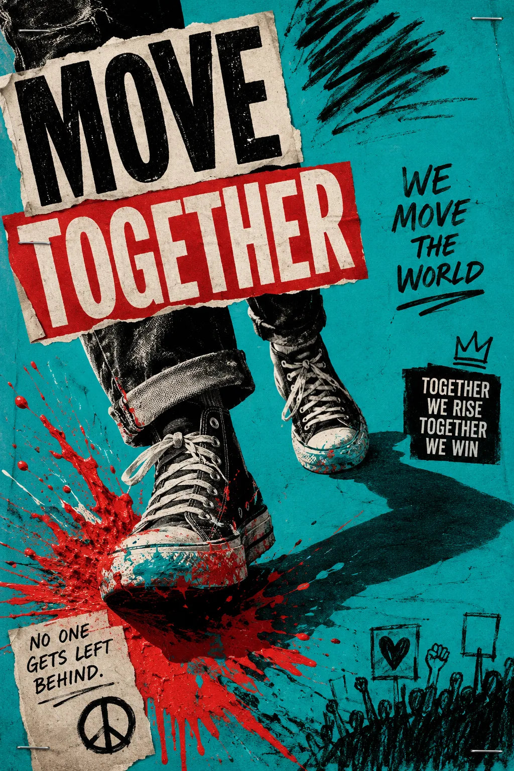 Example output from the Bold Ransom Style Activist Posters ChatGPT prompt: a teal protest poster reading Move Together, with marching boots and the sub-line no one gets left behind.