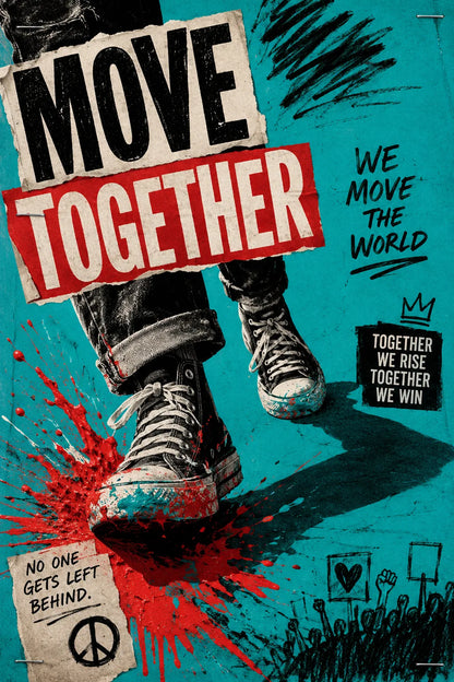 Example output from the Bold Ransom Style Activist Posters ChatGPT prompt: a teal protest poster reading Move Together, with marching boots and the sub-line no one gets left behind.